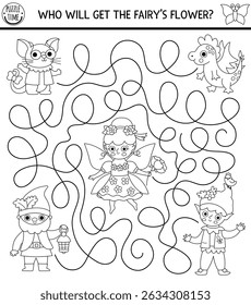 Black and white maze for kids with fairy giving flower to dwarf, elf, dragon, mouse. Fairytale princess printable activity, coloring page. Magic forest, woodland labyrinth line game, puzzle