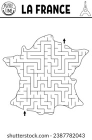 Black and white maze for kids with map of France. French preschool printable line activity for children. Geometric labyrinth game, puzzle or coloring page with country plan
