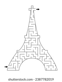 Black and white maze for kids shaped as Eiffel Tower. French printable line activity for children with Paris landmark. Geometric labyrinth game, puzzle or coloring page with France scene
