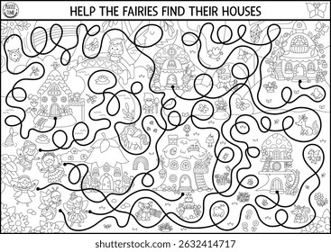 Black and white maze for kids with woodland fairies, houses, magic forest landscape. Fairytale princess preschool printable activity. Labyrinth game, puzzle, coloring page with berry, acorn, treehouse