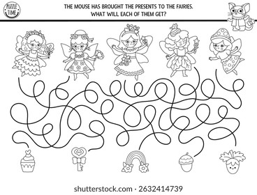 Black and white maze for kids with woodland fairies and mouse gifts. Fairytale princess preschool printable activity, coloring page. Magic forest labyrinth game, puzzle with presents, acorn