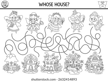 Black and white maze for kids with woodland fairies and houses. Fairytale princess printable activity. Magic forest labyrinth game, puzzle, coloring page with berry, mushroom, acorn, treehouse