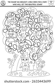 Black and white maze for kids with woodland fairies, cute dress, labyrinth shaped tree. Fairytale princess printable activity, coloring page. Magic forest labyrinth game, puzzle with dwarf and gown