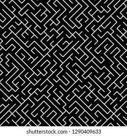 Black and white maze puzzle geometric seamless pattern, vector