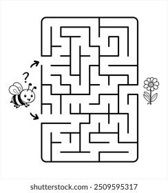 Black and White Kids’ Maze Puzzle – Help the Bee Find the Flower, Easy Labyrinth with Two Entrances for Preschool and Early School Age Children