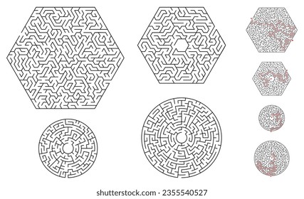 Black and white maze set with solution. A collection of hexagonal and circular mazes. A labyrinth game of varying complexity. Black and white vector