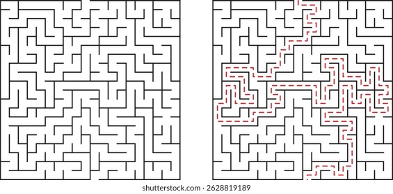 Un laberinto en blanco y negro con la solución resaltada en una línea roja punteada