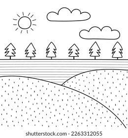 Black and white meadow landscape in cartoon style. Summer field background with hills, trees, grass and flowers. Cute doodle country and farm banner. Vector illustration