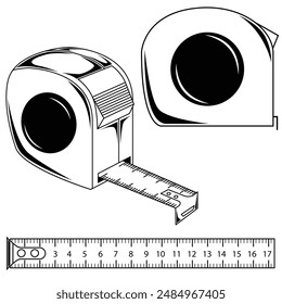 Black and white measuring tape vector illustration. Measurement tape line art