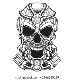Black and white mecha illustration of a skull artwork