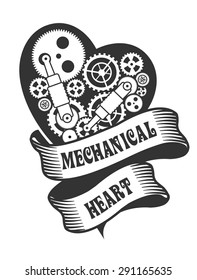 black and white mechanical heart Steam punk gears with working parts belted banner on a white background
