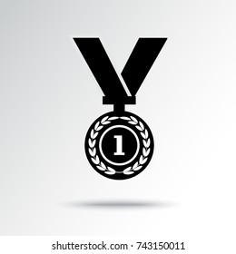 Black and white medal with ribbon, championship with shadow. Vector illustration