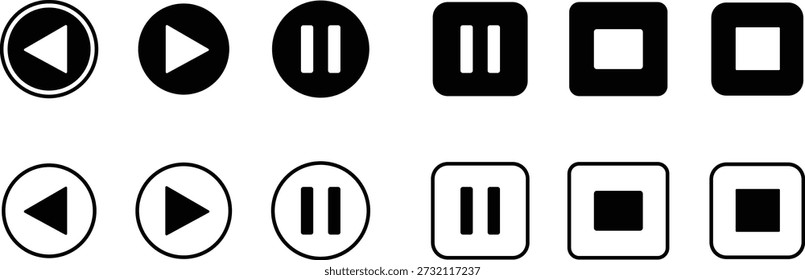 Black and white media player rewind play pause and stop controls