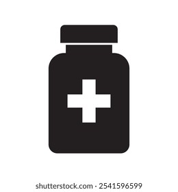Black and white Medical Bottle icon illustration. Medical bottle vector art design. Drug or capsule tablets bottle.