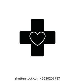 Black and white medical cross symbol with a heart representing healthcare and love
