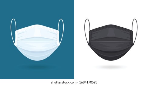 Black and White Medical or Surgical Face Masks. Virus Protection. Breathing Respirator Mask. Healthcare Concept. Vector Illustration