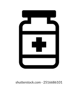 Black and White Medicine Bottle Icon in Monochrome Line Art. Simple Flat Style, Isolated on White Background. Editable and Scalable EPS Vector for Graphic Design and Printing.