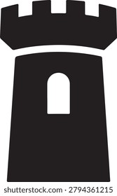 Black and white of a medieval castle tower with crenellated battlements and an arched window