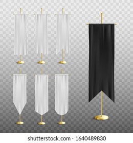 Black and white medieval pennant banner set with realistic silk flags hanging on vertical golden pole stands isolated on transparent background - vector illustration