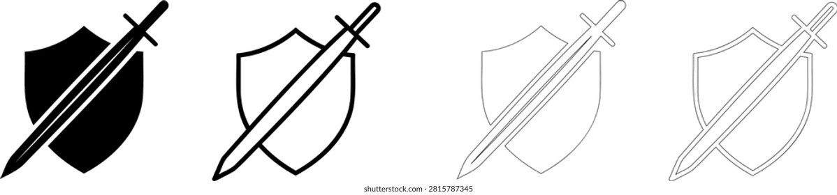 Black and white medieval shield with crossed swords icon Editable
