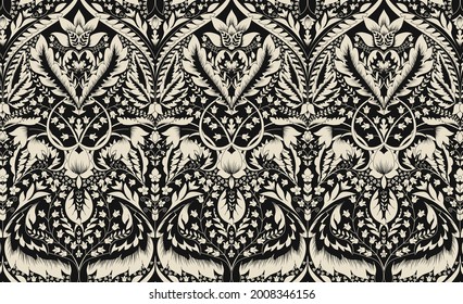 Patrón de estilo medieval en blanco y negro con elementos de flores ornamentales. Diseño de patrones de superficie Buena para tejidos, fondos de escritorio, proyectos de empaquetado y más.