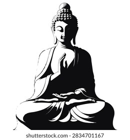 Black and White Meditating Buddha Statue Abhaya Mudra Line Art