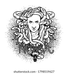 Black and white medusa's head illustration for t-shirt, poster, logo or tattoo isolated on white background