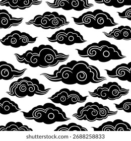 Black and White Mega Mendung Batik Seamless Cloud Pattern
