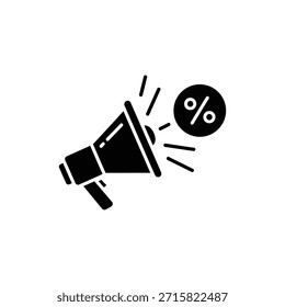 Icono de megáfono en blanco y negro que anuncia descuento o promoción de venta