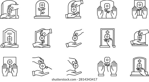Black and white memorial tribute icon set, remembrance flower symbol collection, respect vector artwork, minimal graphic illustration style
