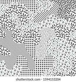 Black and white mempis design background with various pattern elements. Monochrome 80's abstract retro backdrop.  Vector illustration for your graphic design.