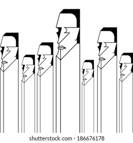 Black and white men head to the body in the form of pillars