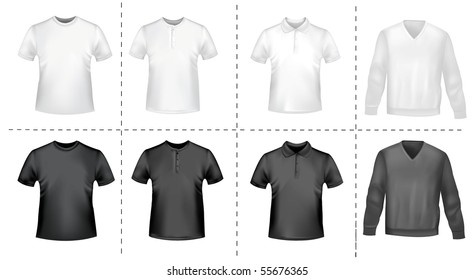 Black and white men polo shirts and t-shirts. Photo-realistic vector illustration