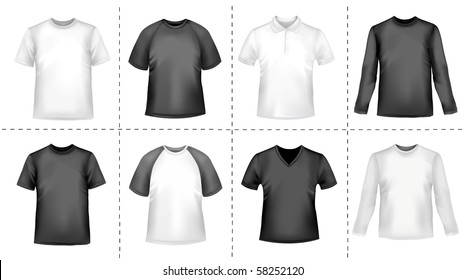 Black and white men polo shirts and t-shirts. Photo-realistic vector illustration