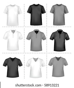 Black and white men polo shirts and t-shirts. Photo-realistic vector illustration