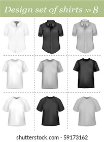 Black and white men polo shirts and t-shirts. Photo-realistic vector illustration