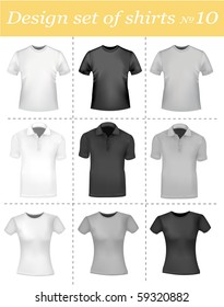 Black and white men polo shirts and t-shirts. Photo-realistic vector illustration