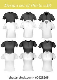 Black and white men polo shirts and t-shirts. Photo-realistic vector illustration