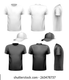 Black and white men t-shirt and cup. Design template. Vector.