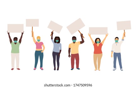 black and white, men and women in face masks hold blank posters in their hands, activists. vector illustration