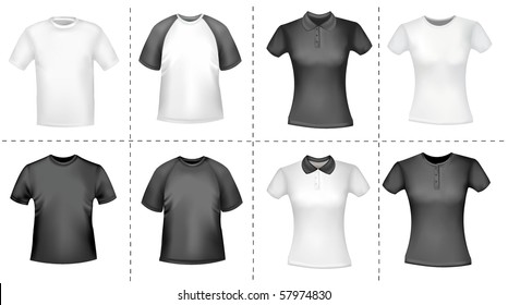 Black and white men and women shirts. Photo-realistic vector illustration.