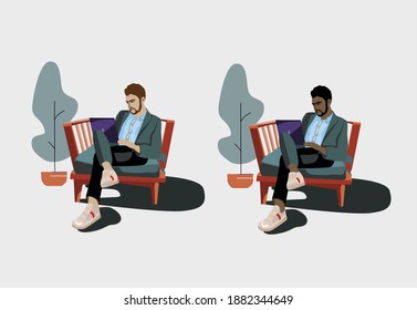 Black and white men working in an office at a computer on a background of flowers