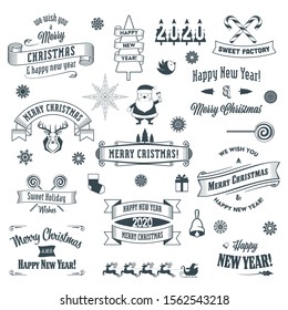 Black and white of Merry Christmas and Happy New Year emblems an labels set. Vector illustration