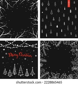 black and white merry christmas winter xmas pine trees, forest branches, foliage, plants frames and festive greeting backgrounds set, vector illustration graphic
