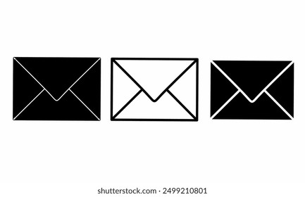 Icono de mensaje blanco y negro. Vector de logotipo de tres sobres sobre fondo blanco.