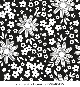 Black and white messy seamless floral pattern. Monochrome botanical tiny flowers and leaves, spring season background, vector seamless pattern