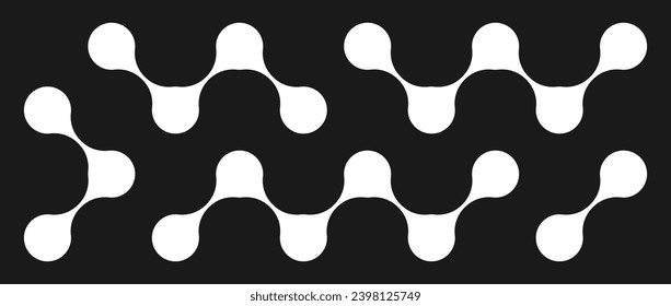 Black and white meta balls set. Diagonal connected morph dots. Liquid blobs pattern collection. Thin integration abstract concept. Rounded design element bundle for logo, icon, emblem, poster. Vector