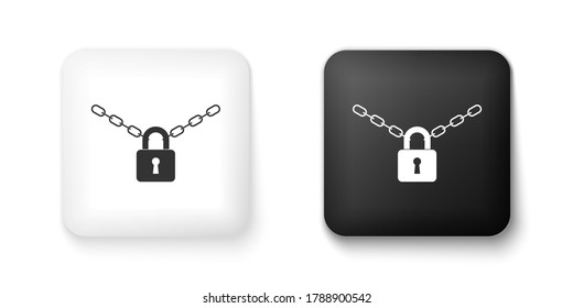 Black And White Metal Chain And Lock Icon Isolated On White Background. Padlock And Steel Chain. Square Button. Vector.