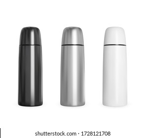 Black and white metal thermos. Realistic vector mockup