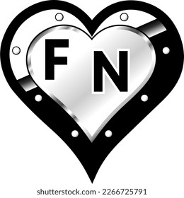 Black and white metallic heart with initial letters F and N, shiny vector illustration, amazing love, passion and happiness vector, illustration for valentine couple. God is good!